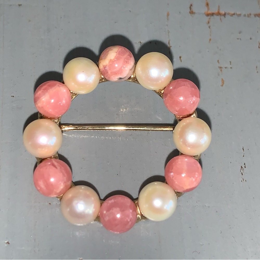 Vintage Coral and Pearl 1” Circle Pin Anson KaratClad Jewelry Brooch